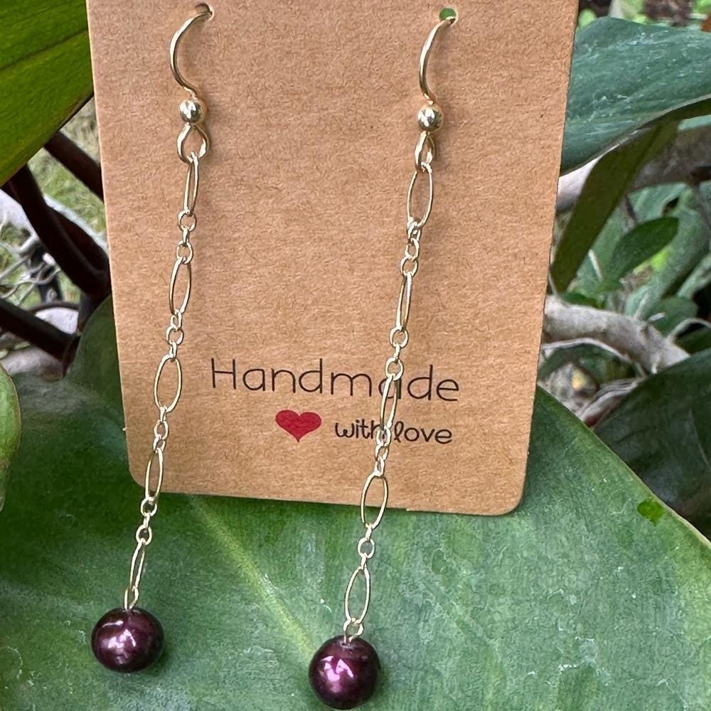 Handmade Dangle Earrings Gold-filled Chain Purple Pearl 3" Drop Boho Women